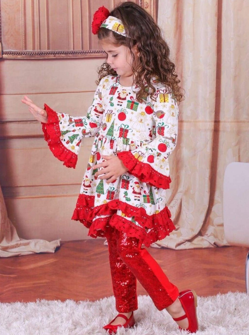 Girls Layered Red Ruffle Christmas Print Tunic - Girls Christmas Top