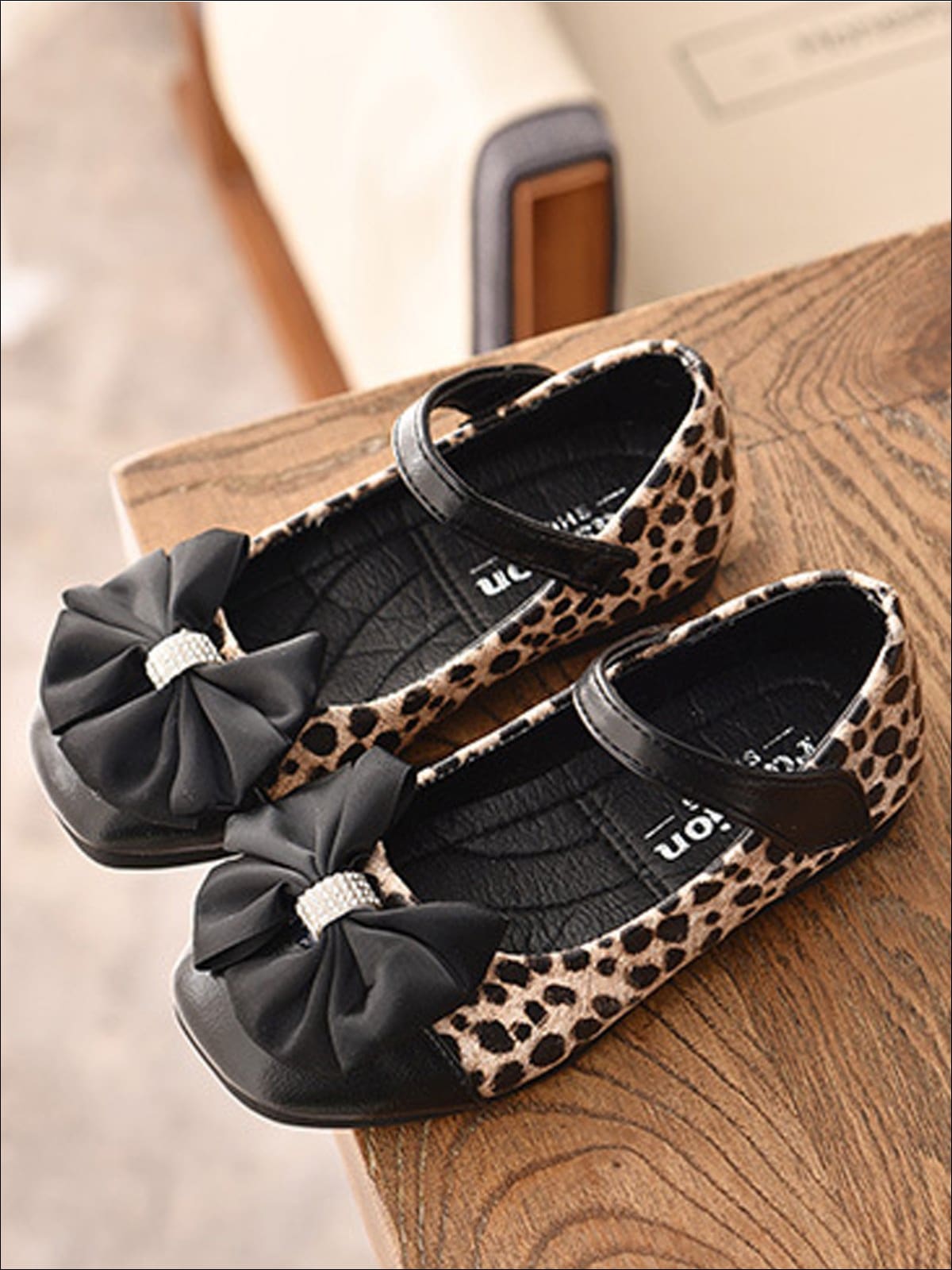 Girls Leather Animal Print Flats with Rhinestone and Bow Embellishments - Brown / 5 - Girls Flats