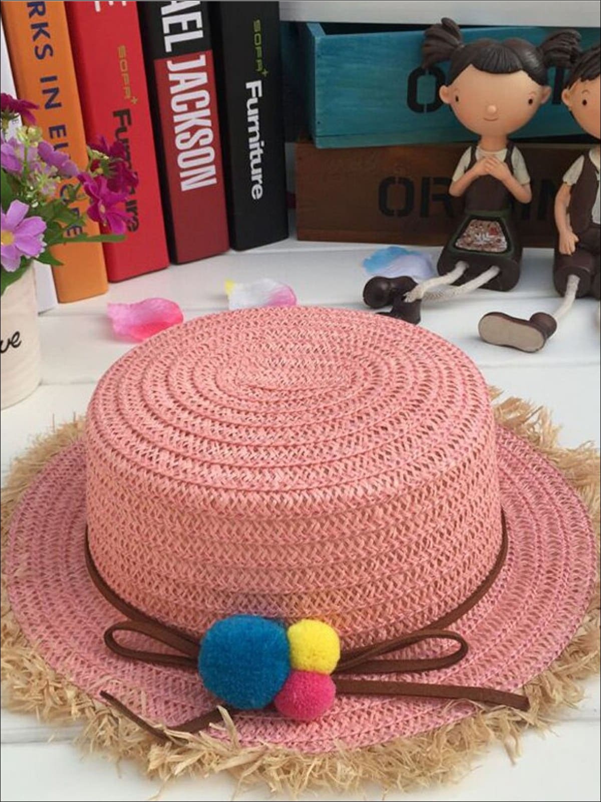 Girls Leather Banded Rainbow Pom Pom Embellished Straw Hat - Pink - Girls Hats