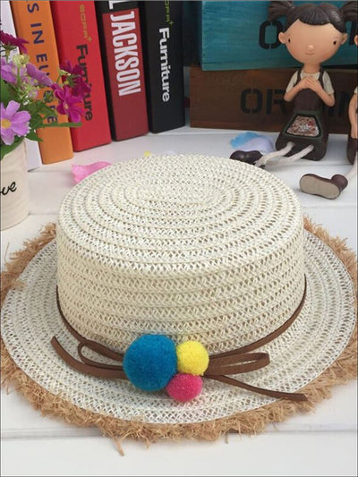 Girls Leather Banded Rainbow Pom Pom Embellished Straw Hat - White - Girls Hats