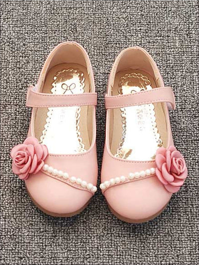 Girls Leather Flats with Flower and Pearl Embellishments - Pink / 7.5 - Girls Flats