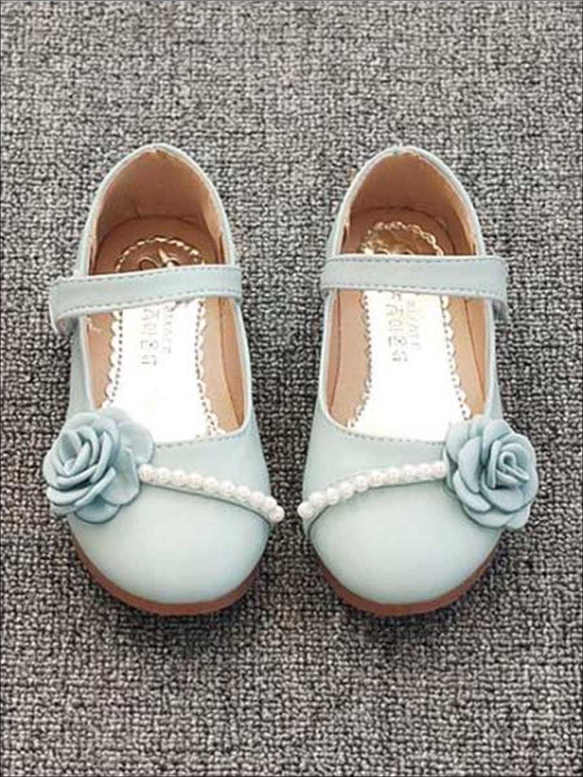 Girls Leather Flats with Flower and Pearl Embellishments - Sky Blue / 7.5 - Girls Flats