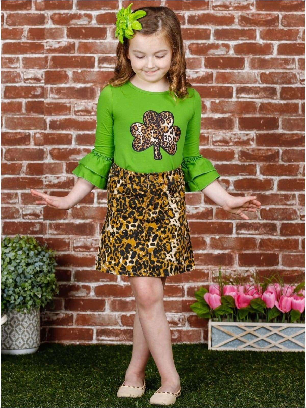 Mia Belle Girls St. Patrick's Day Clover Top And Leopard Skirt Set