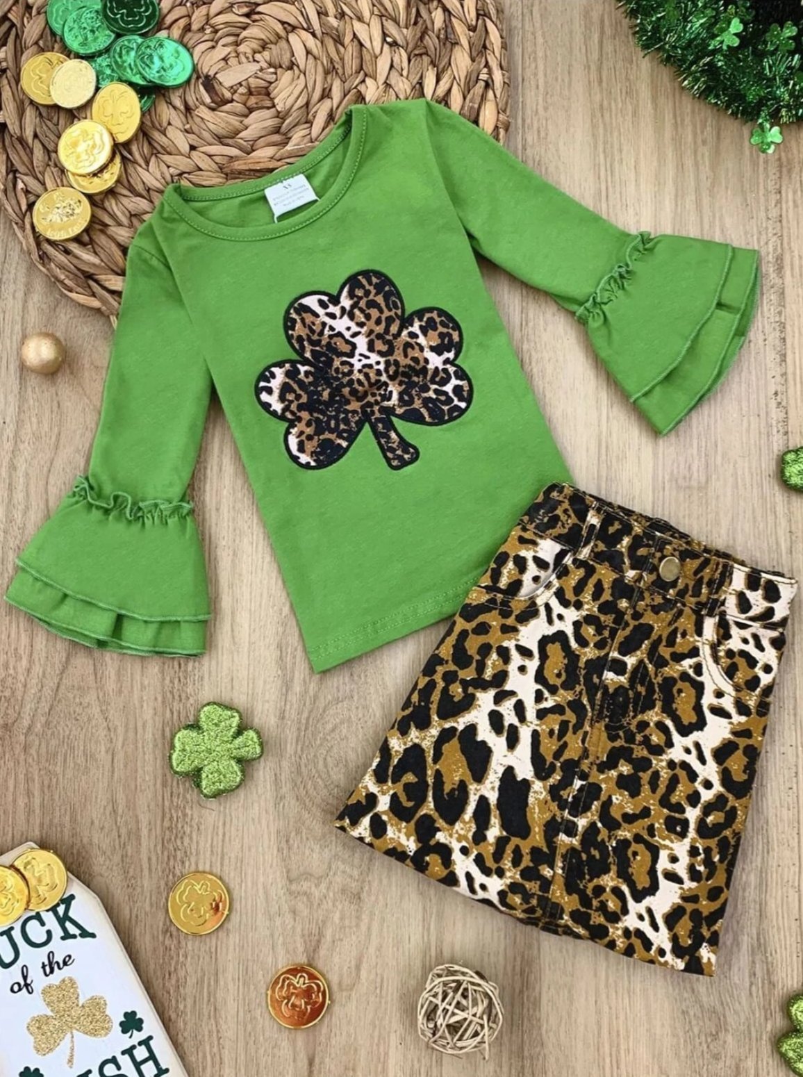 Mia Belle Girls St. Patrick's Day Clover Top And Leopard Skirt Set