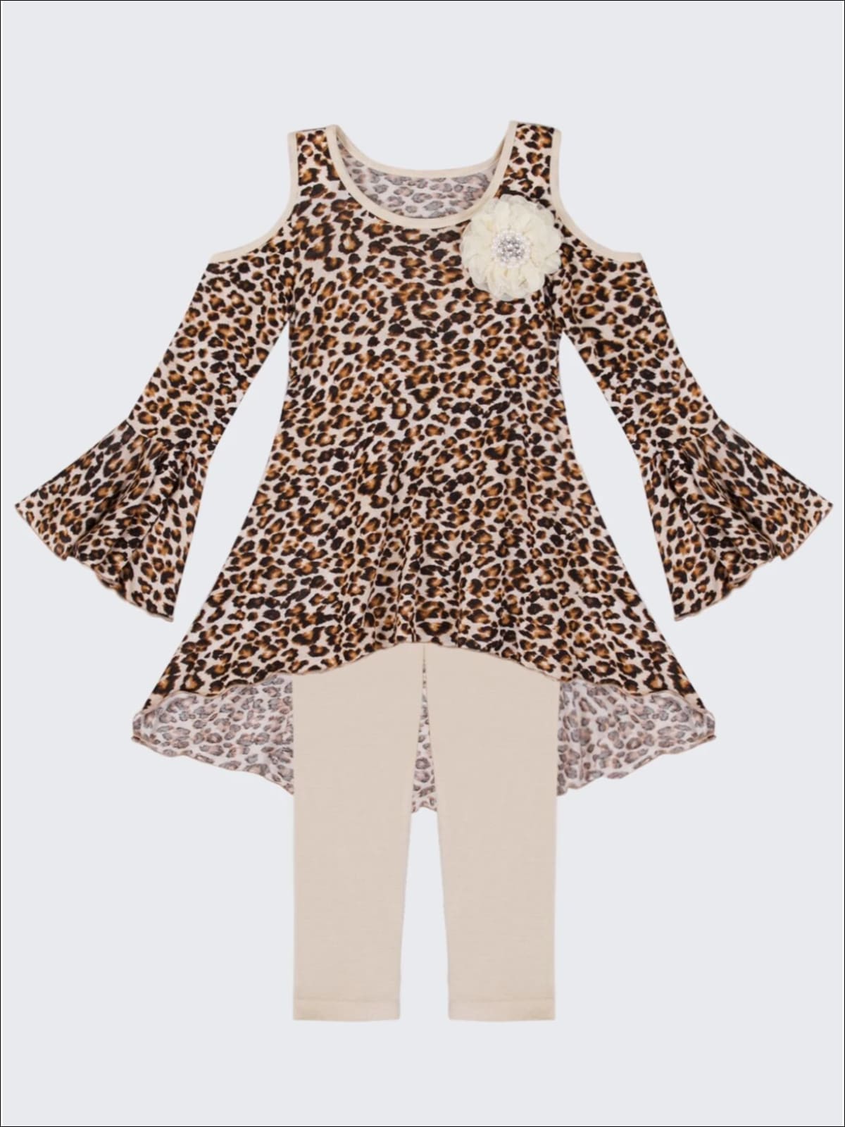 Girls Spring Outfits | Cold Shoulder Leopard Hi-Lo Tunic & Legging Set