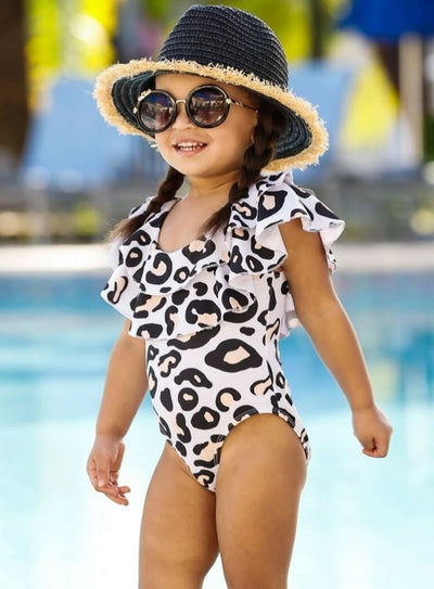 One Piece Girls Swimsuit | Leopard Print Double Ruffle Bib Swimsuit