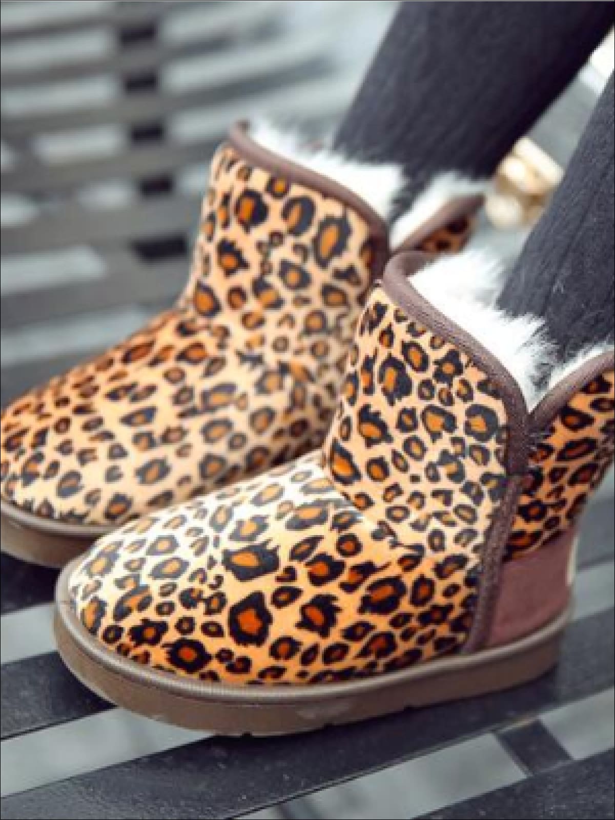Girls Leopard Print Ankle Length Furry Boots (2 Colors Options) - Girls Boots