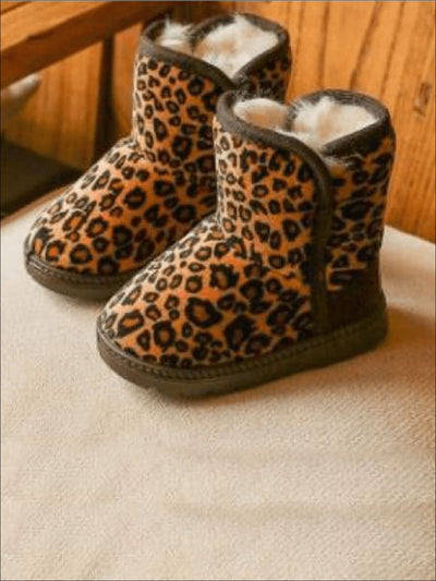 Girls Leopard Print Ankle Length Furry Boots (2 Colors Options) - Brown / 1 - Girls Boots