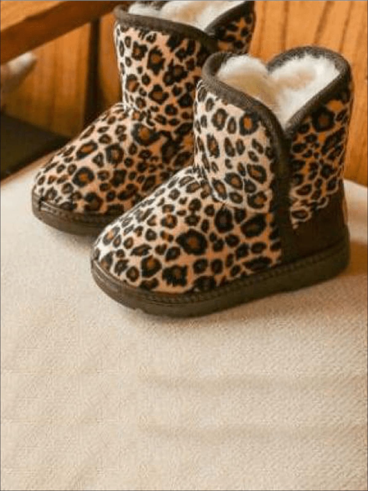 Girls Leopard Print Ankle Length Furry Boots (2 Colors Options) - Khaki / 1 - Girls Boots