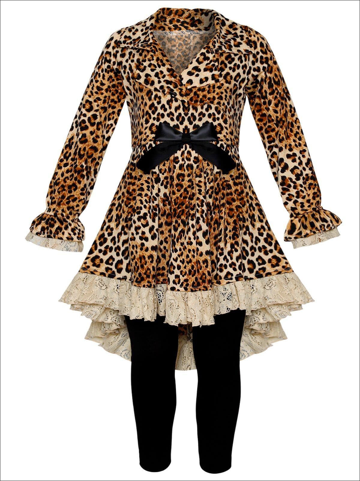 Girls Leopard Print Long Sleeve Hi-Lo Collared Lace Ruffle Blazer Tunic & Leggings Set - Brown / 2T/3T - Girls Fall Dressy Set