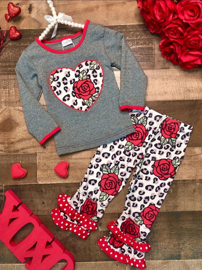 Girls Valentine's Outfit | Leopard Rose Heart Top & Ruffle Legging Set