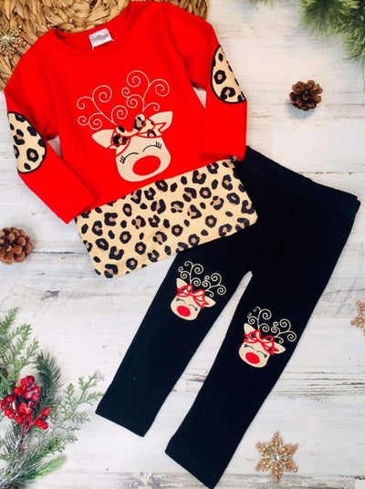 Cute Winter Sets | Girls Reindeer Patched Top And Patched Leggings Set