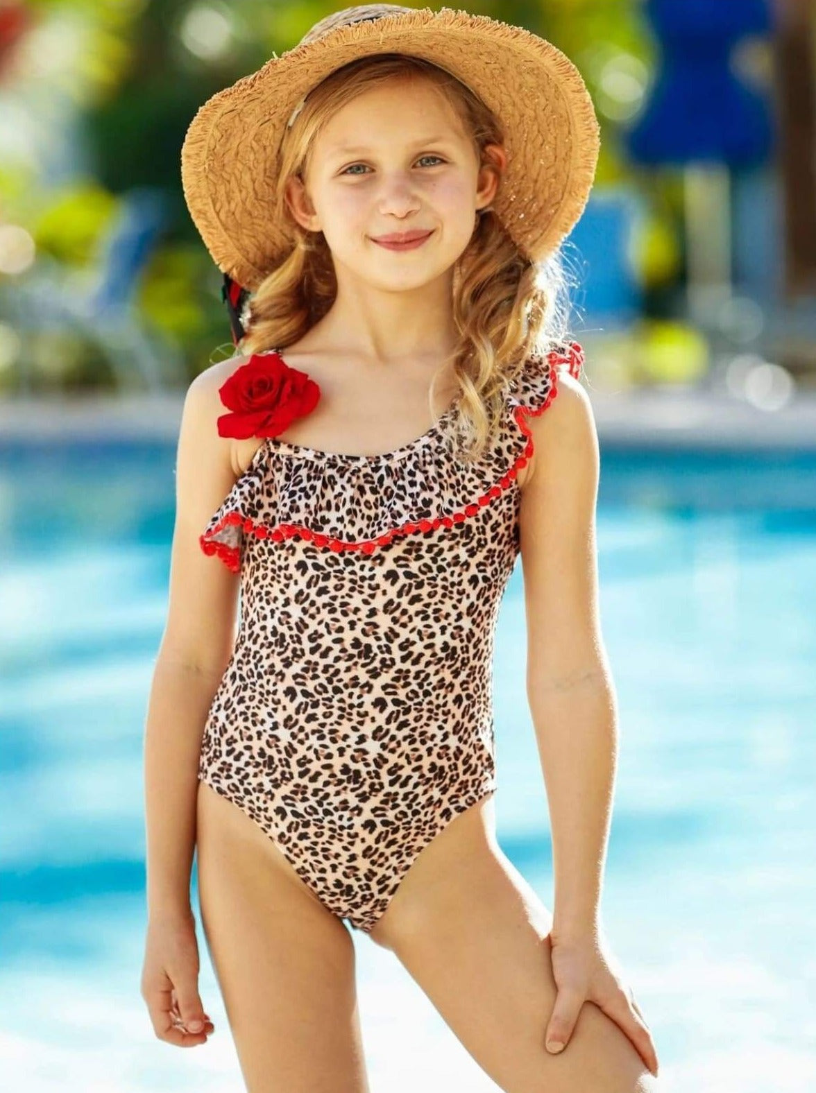 Girls Leopard Ruffle Rose Trim One Piece Swimsuit - Girls One Piece Swimsuit