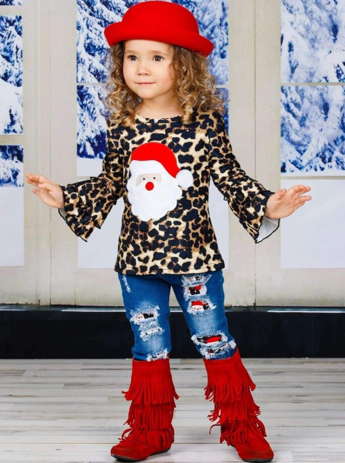 Cute Winter Sets | Girls Leopard Print Santa Top & Patched Jeans Set