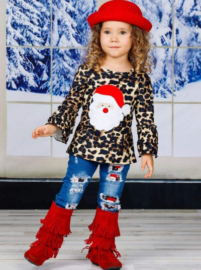 Cute Winter Sets | Girls Leopard Print Santa Top & Patched Jeans Set