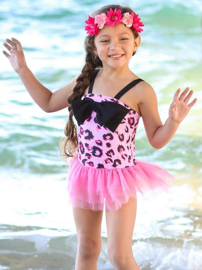 Girls Leopard Tutu One Piece Swimsuit with Bow Detail - Girls One Piece Swimsuit