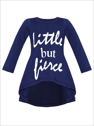 Girls Little But Fierce Hi-Lo Long Sleeve Graphic Statement Top - Navy / 2T/3T - Girls Fall Top