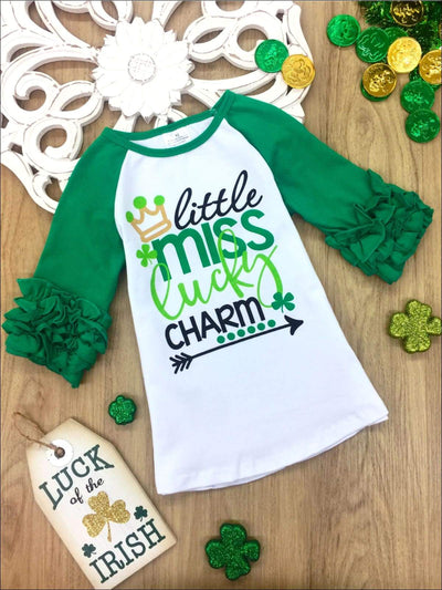 Girls Little Miss Lucky Charm Ruffled Top - Green / 2T - Girls St. Patricks Top