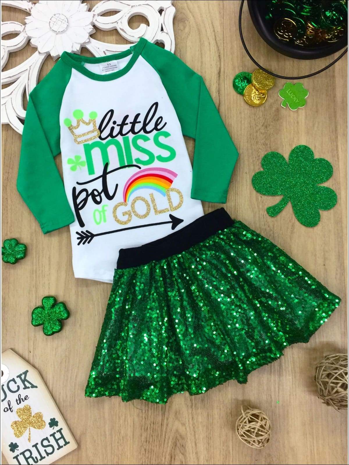 Girls Little Miss Pot of Gold Rainbow Top and Sequin Skirt Set - Green / 2T - Girls St. Patricks Set