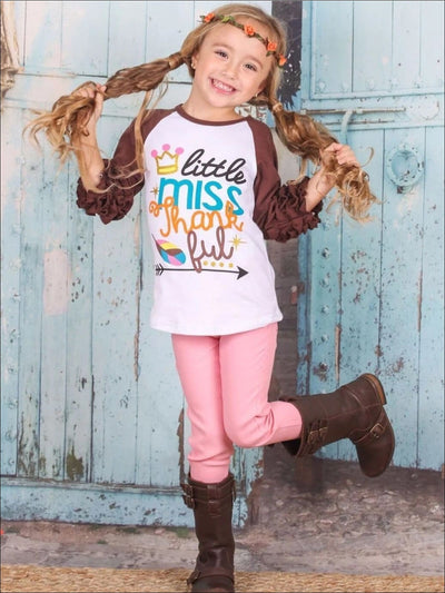 Girls Little Miss Thankful Graphic Raglan Top with 3/4 Ruffled Sleeves - Girls Fall Top