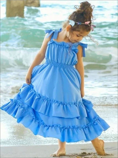 Girls Long Blue Ruffled Maxi Dress - Blue / 3T - Girls Spring Casual Dress