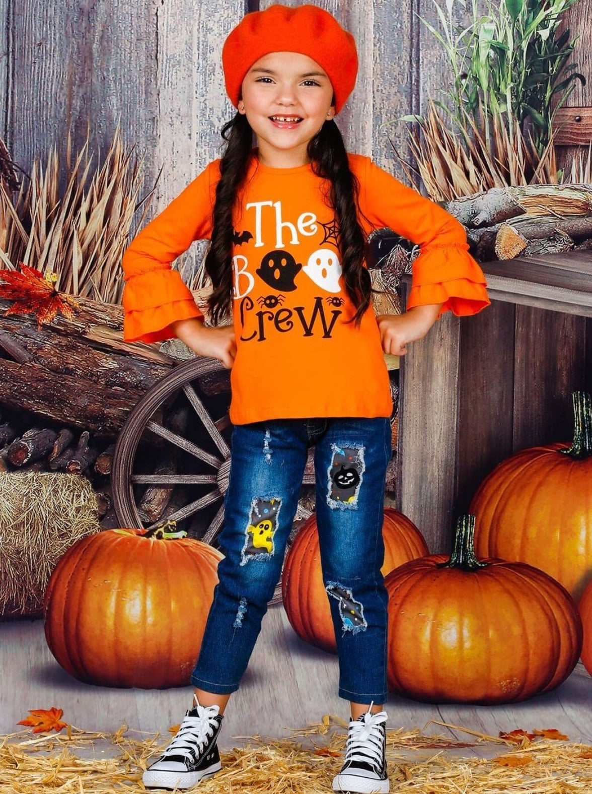 Girls Fall Outfits | Ghost Top & Patched Jeans Set - Mia Belle Girls
