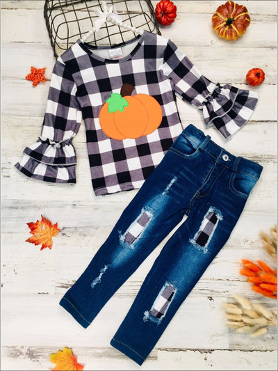 Girls Long Double Ruffle Sleeve Top in The Boo Crew & Pumpkin Print & Ripped Jeans Set - Black / 3T - Girls Fall Casual Set