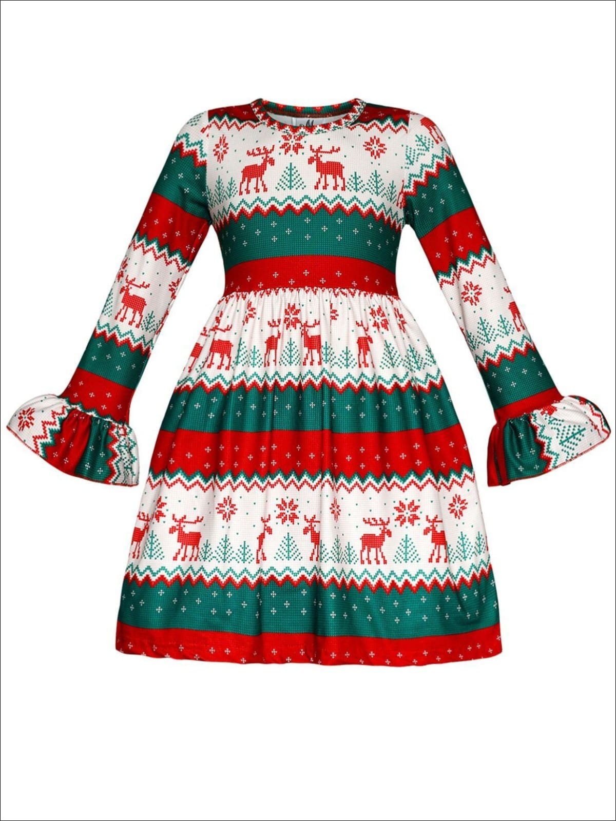 Girls Long Flared Sleeve Moose Print Dress - Girls Christmas Dress