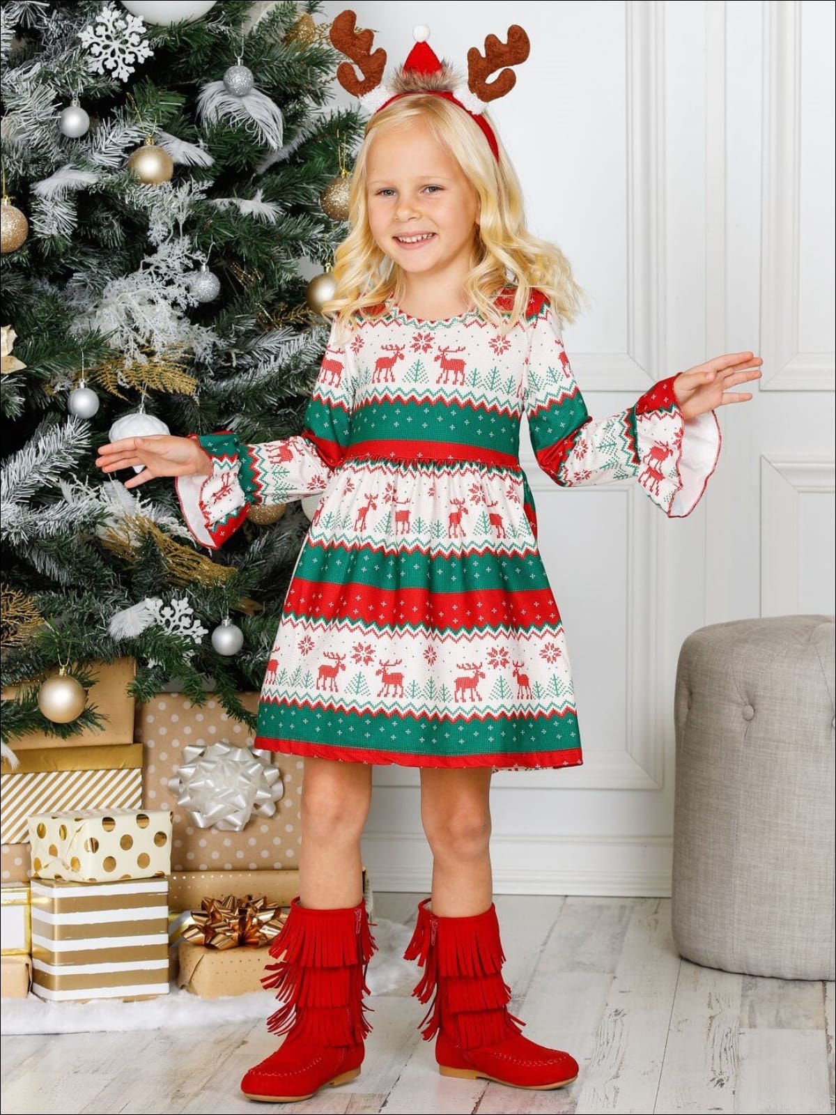 Girls Long Flared Sleeve Moose Print Dress - Girls Christmas Dress