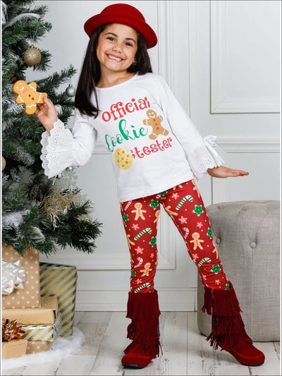 Girls Long Lace Bell Sleeve Official Cookie Tester Top & Gingerbread Print Leggings Set - Girls Fall Casual Set