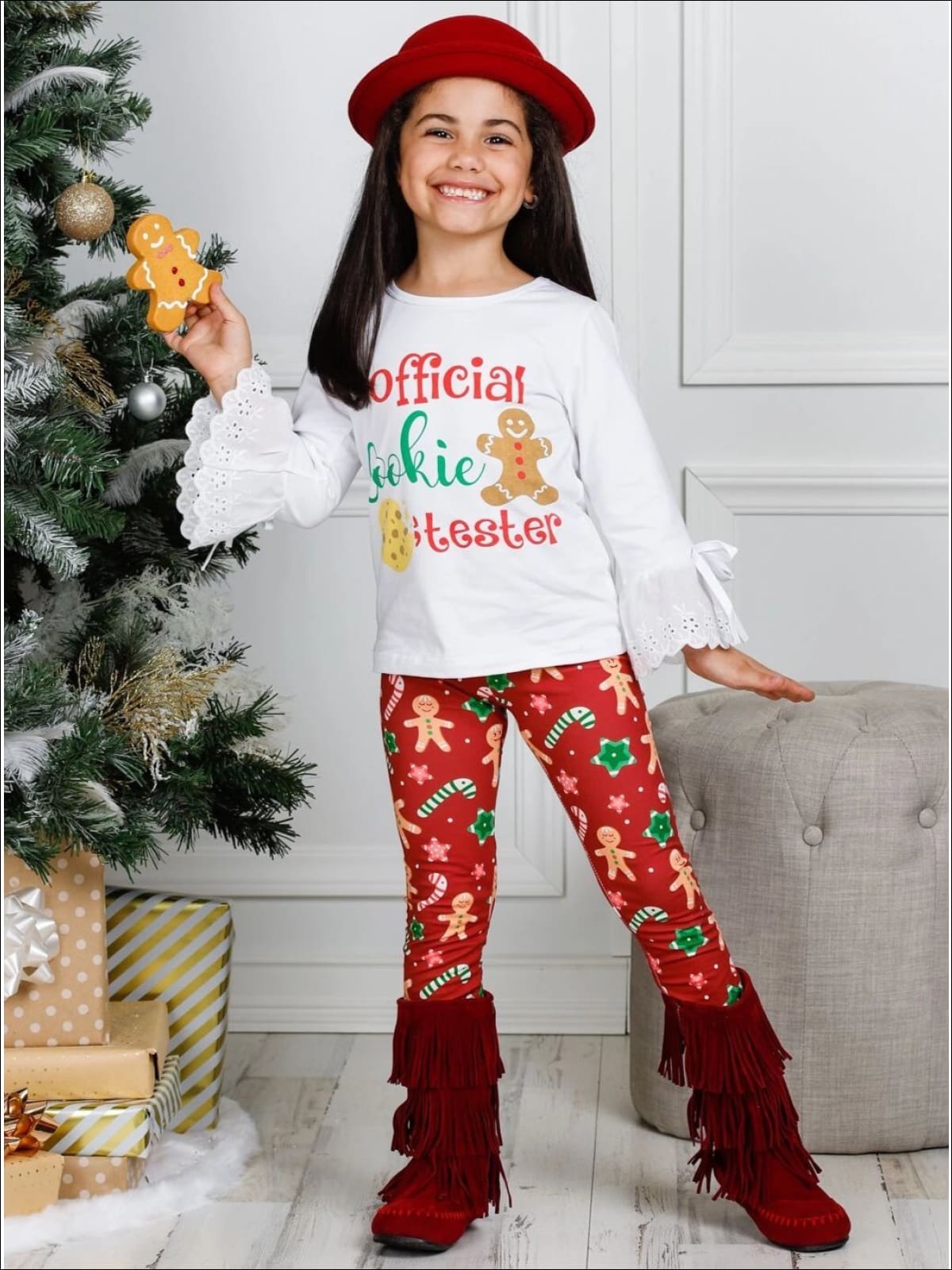 Girls Long Lace Bell Sleeve Official Cookie Tester Top & Gingerbread Print Leggings Set - Girls Fall Casual Set