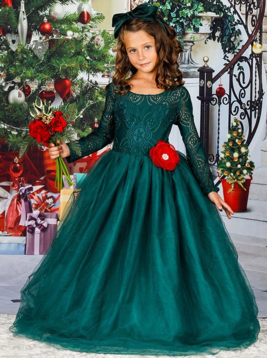Girls Winter Formal Dress | Lace Bodice Holiday Gown | Mia Belle Girls