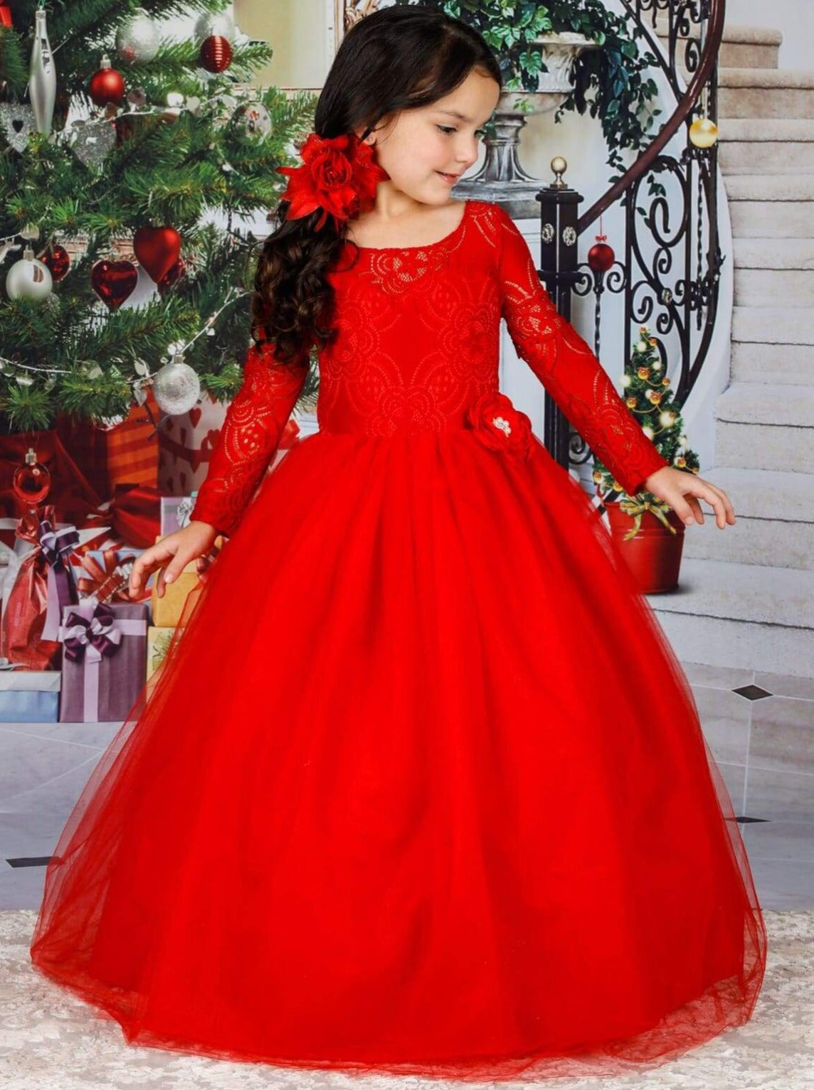 Girls Winter Formal Dress | Lace Bodice Holiday Gown | Mia Belle Girls