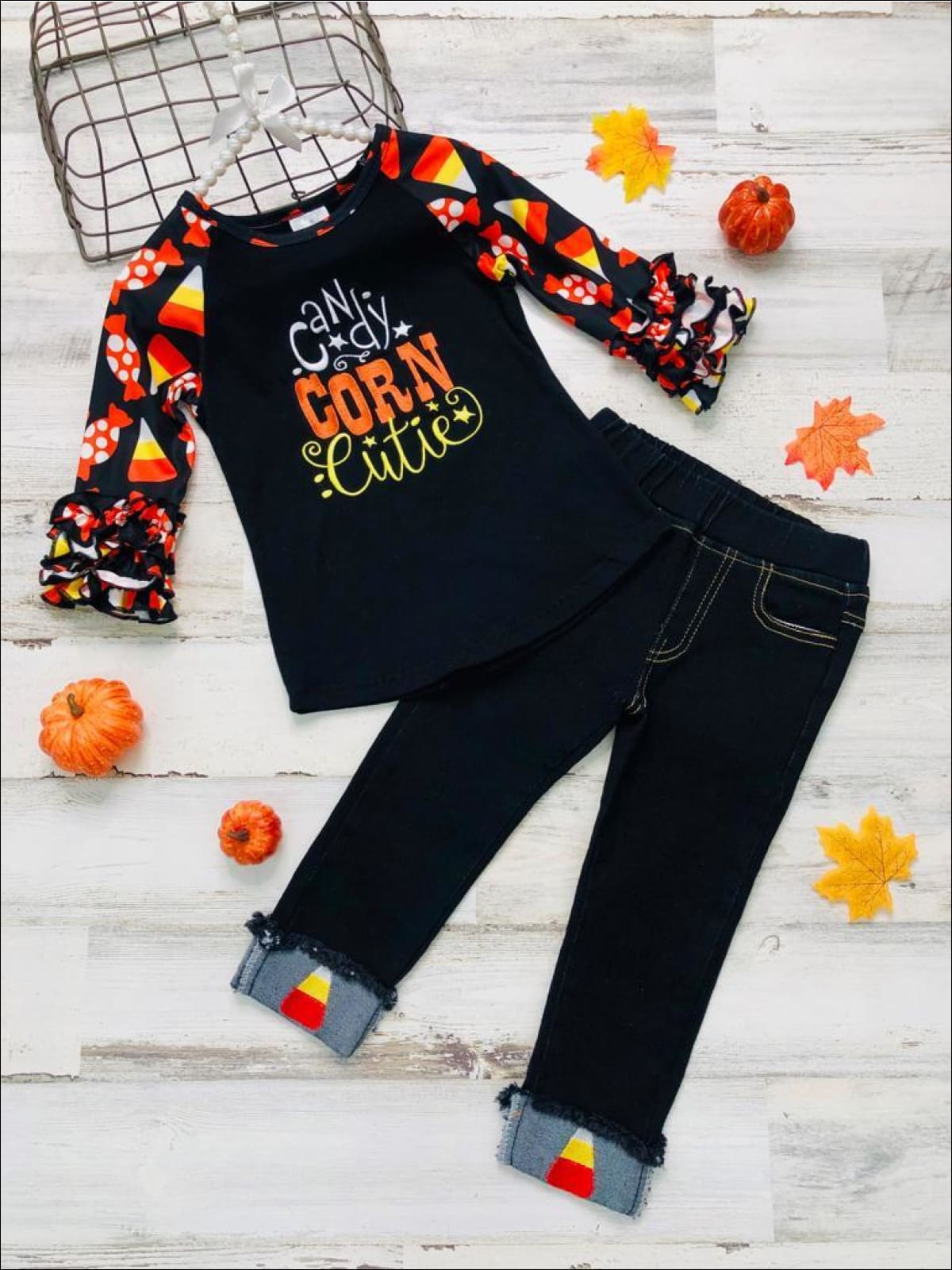 Girls Long Ruffled Raglan Sleeve Top with Candy Corn Cutie & Witch Hat Prints & Applique Cuffed Jeans Set - Black / 2T - Girls Halloween Set