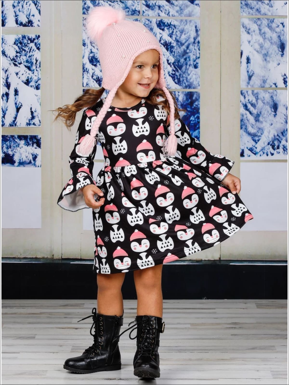 Girls Long Ruffled Sleeve Penguin Print Dress - Girls Fall Casual Dress