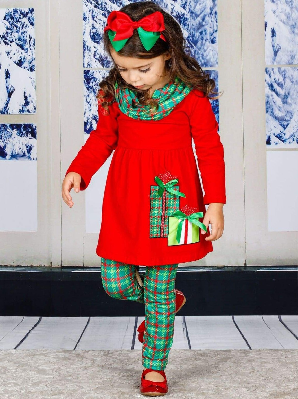 Girls Long Sleeve A-Line Tunic Printed Leggings & Scarf Set - Girls Christmas Set
