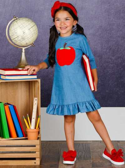 Girls Long Sleeve Apple Print Ruffle Hem Denim Dress - Girls 1st Day of SchoolApple Angel Chambray Ruffle Hem Dress