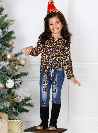 Cute Outfits For Girls | Leopard Print Knot Hem Top & Patched Jeans Set