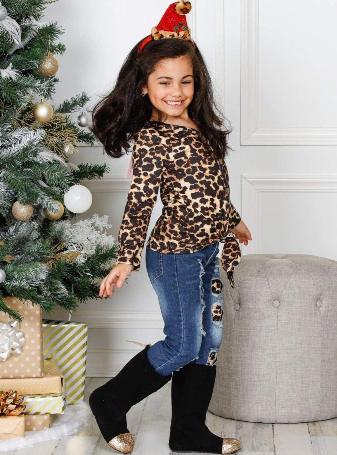 Cute Outfits For Girls | Leopard Print Knot Hem Top & Patched Jeans Set