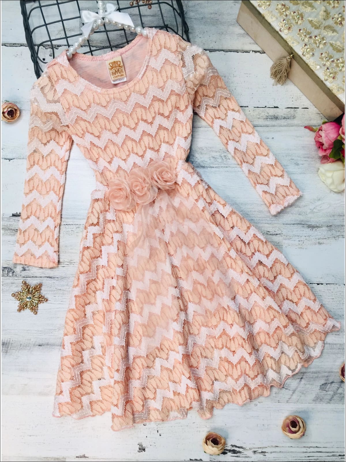 Girls Long Sleeve Chevron Peach Antique Lace Dress with Bow - 3T / Peach - Girls Fall Dressy Dress