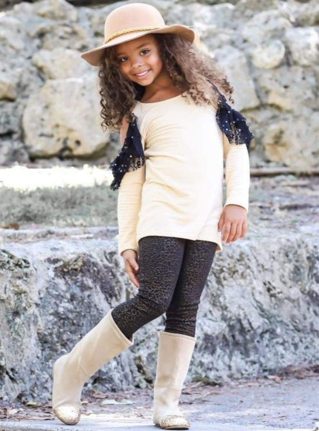 Girls Long Sleeve Cold Shoulder Lace Ruffled Tunic & Animal Print Pencil Pants Set - Beige / 2T/3T - Girls Fall Casual Set