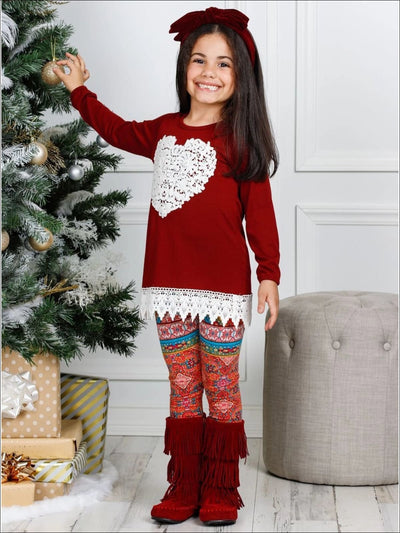 Girls Valentine's Day Outfit | Heart Crochet Hem Tunic & Legging Set
