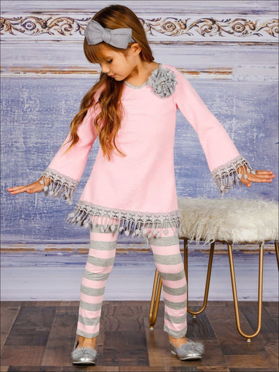 Girls Long Sleeve Crochet Trimmed Tunic & Matching Leggings Set - Girls Fall Casual Set