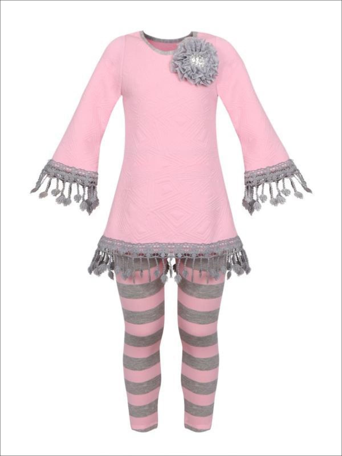 Girls Long Sleeve Crochet Trimmed Tunic & Matching Leggings Set - Pink / 2T - Girls Fall Casual Set