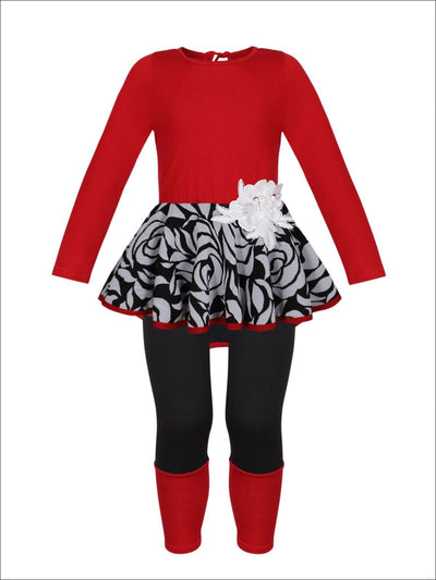 Girls Long Sleeve Hi-Lo Peplum Tunic & Cuffed Leggings Set - Red / 2T/3T - Girls Fall Dressy Set