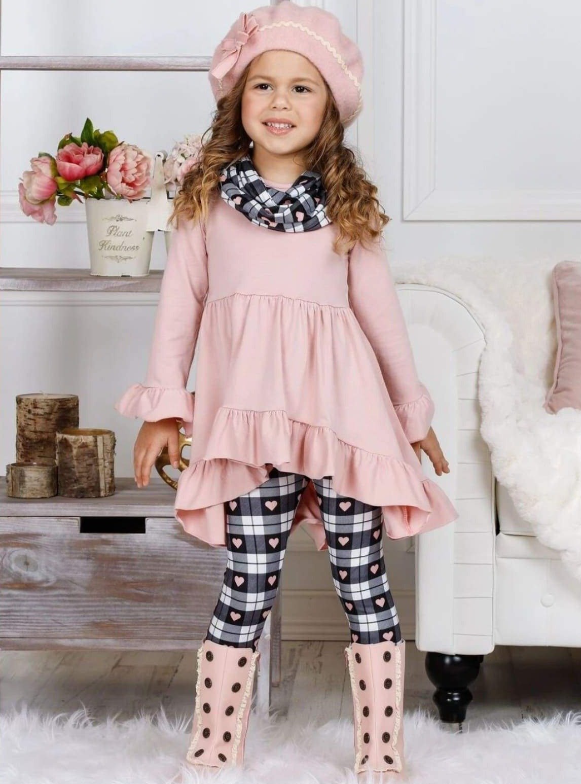 Valentine's Outfits | Girls Hi-Lo Ruffle Tunic, Scarf And Legging Set ...
