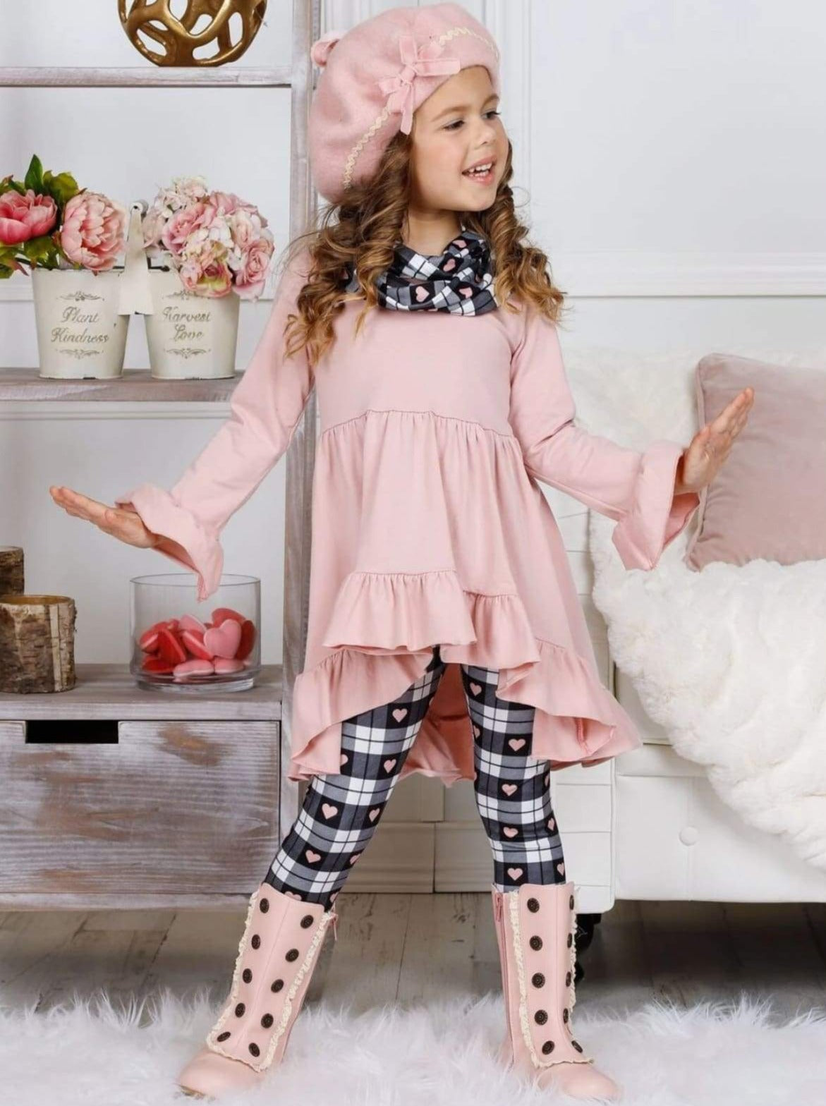 Valentine's Outfits | Girls Hi-Lo Ruffle Tunic, Scarf & Legging Set