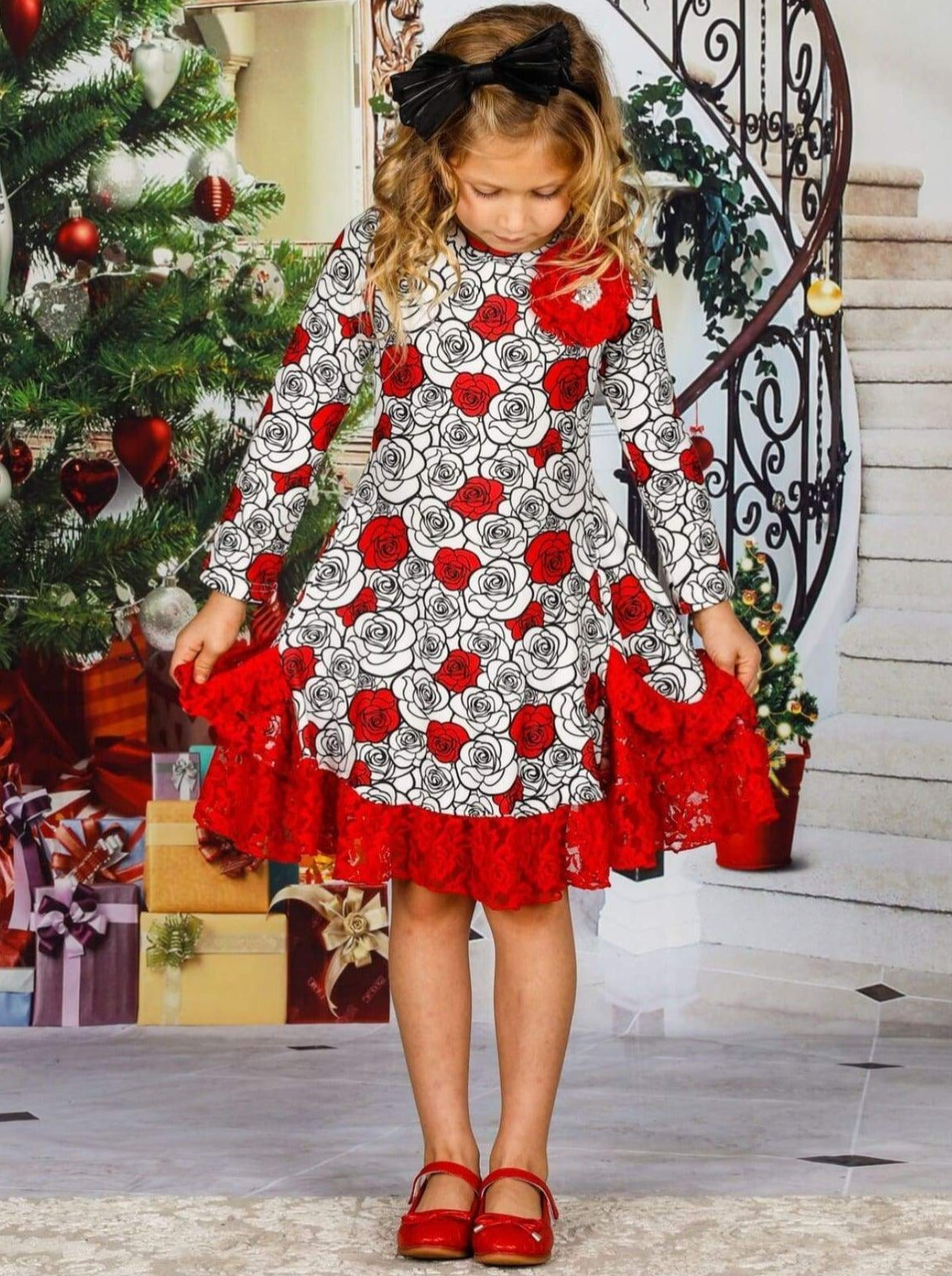Special Occasion Dresses | Girls All Over Print Ruffle Lace Hem Dress