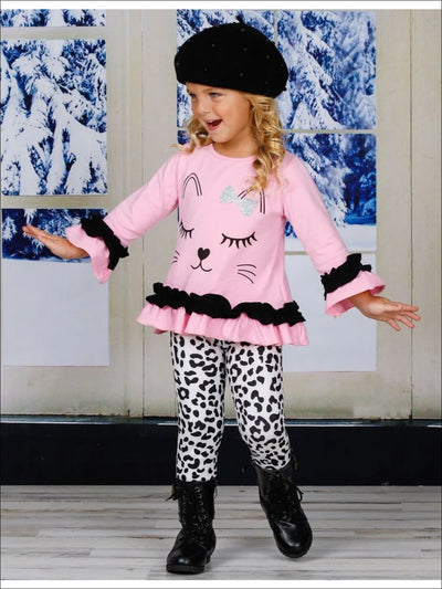 Girls Long Sleeve Kitty Face Ruffled Tunic and Animal Print Leggings Set - Girls Fall Casual Set