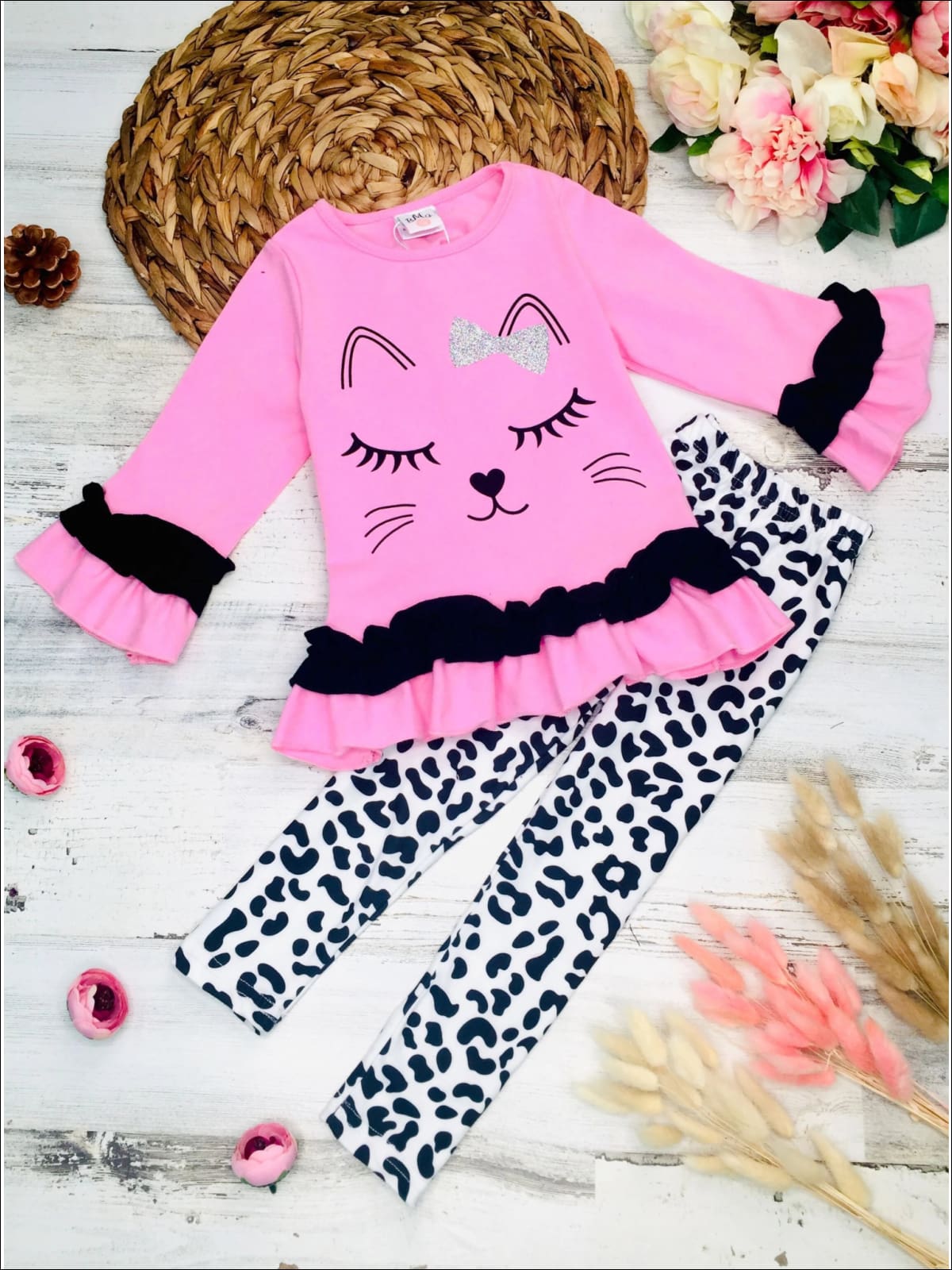 Girls Long Sleeve Kitty Face Ruffled Tunic and Animal Print Leggings Set - Pink / 3T - Girls Fall Casual Set